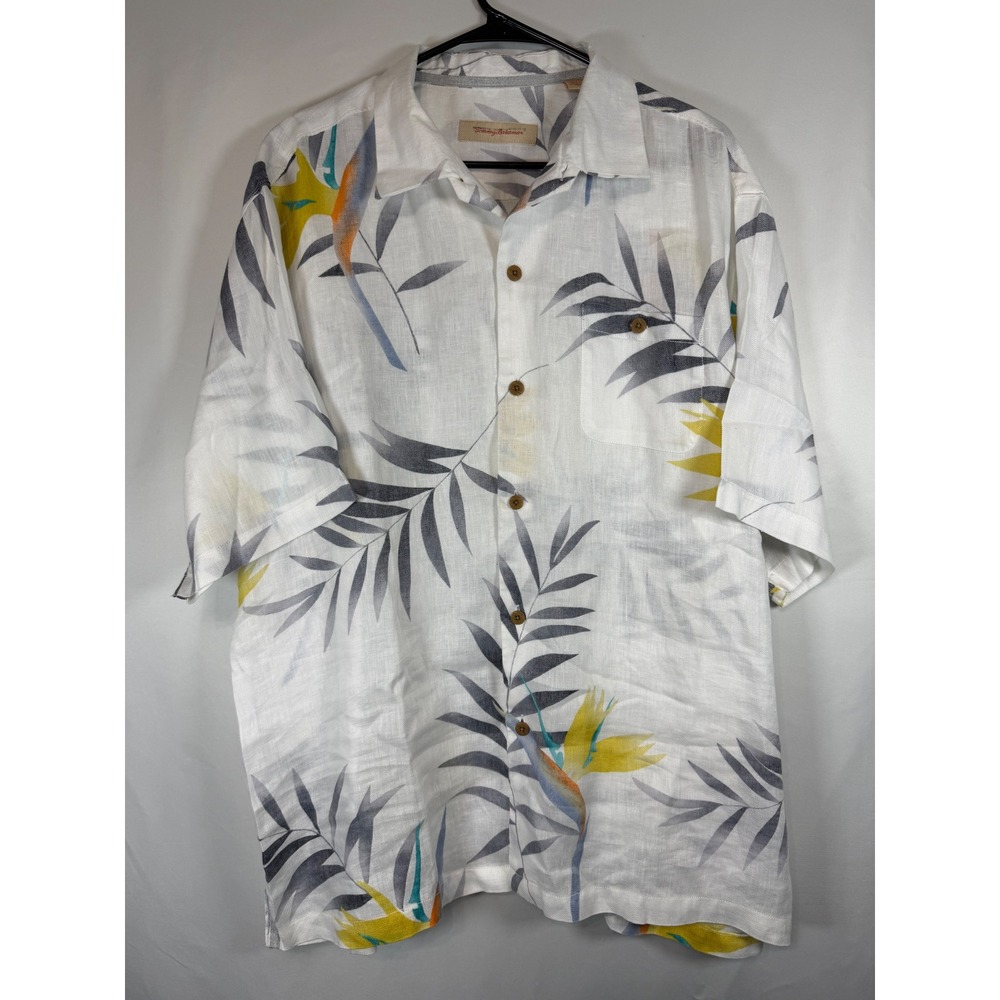 Tommy Bahama Mens XL White Linen Bird of Paradise Tropical Button Down Shirt